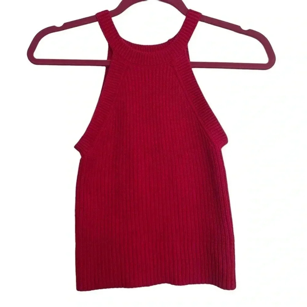 Express Red Ribbed Knit Crop Halter Top High Neck